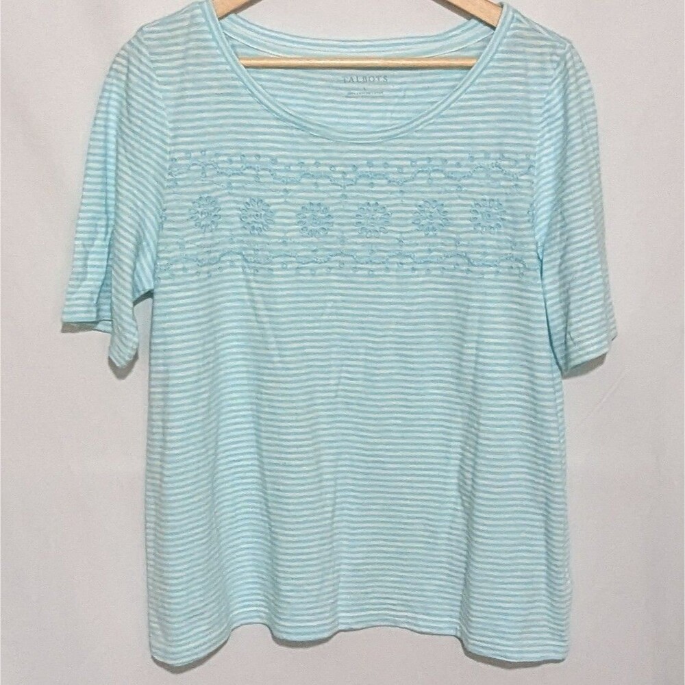 Talbots Womens Floral Embroidery 100% Cotton Tee TShirt Top Teal Striped Sz L